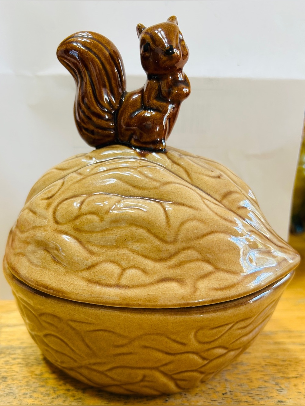 Vintage squirrel on walnut dish for nuts or candy. So cute!